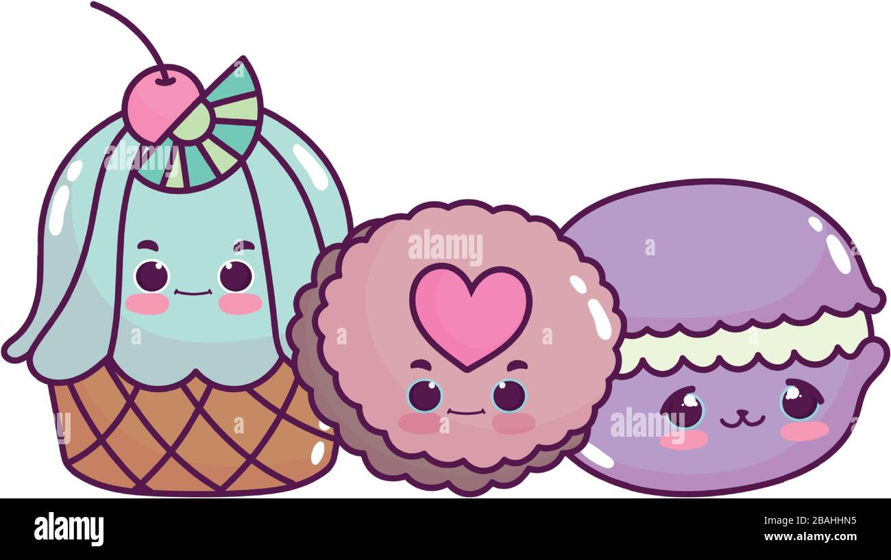 cute food cupcake cookie and macaroon sweet dessert pastry cartoon ...