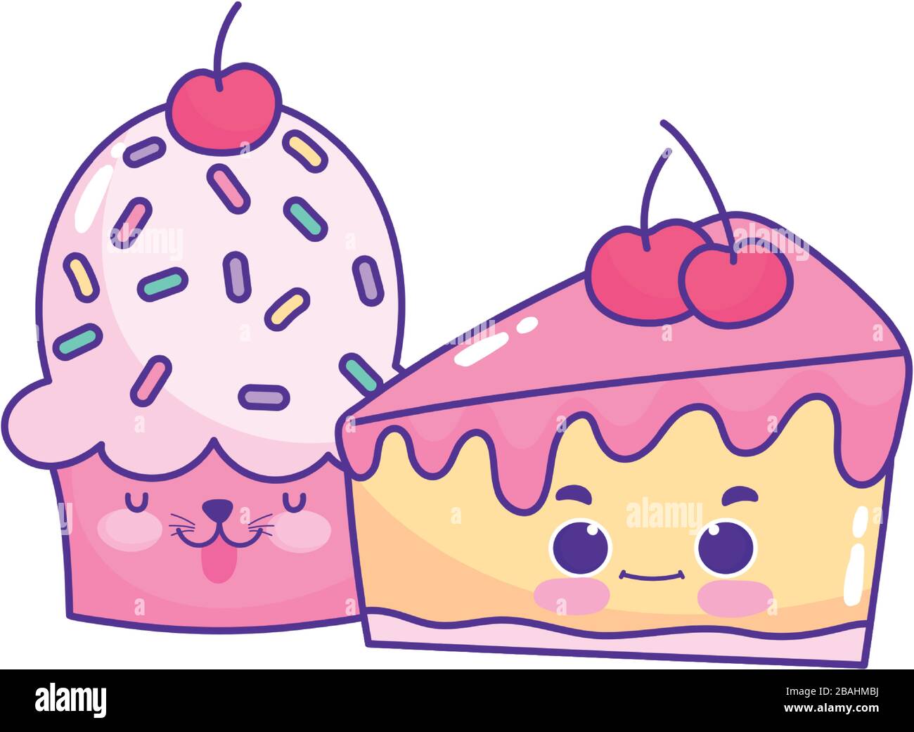 cute food cupcake and slice cake cherry sweet dessert pastry cartoon ...