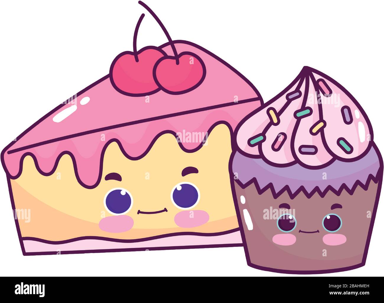 cute food cupcake and slice cake cherry sweet dessert pastry cartoon ...