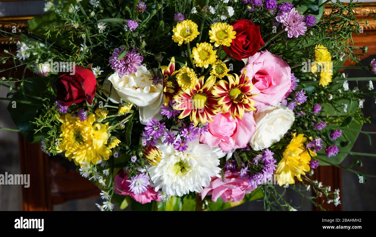 Full frame colorful flower arrangements as background Stock Photo