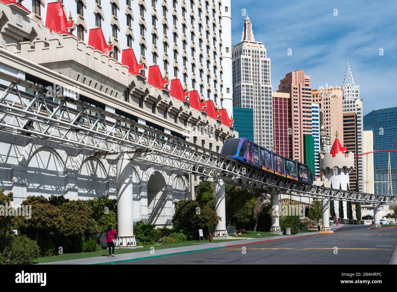 The monorail outside the Excalibur  Hotel and Casino along The Strip in Las Vegas, Nevada, USA. Stock Photo