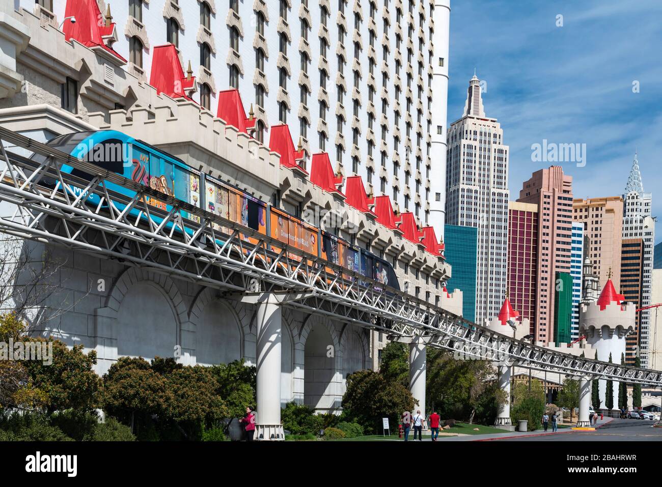 The monorail outside the Excalibur  Hotel and Casino along The Strip in Las Vegas, Nevada, USA. Stock Photo