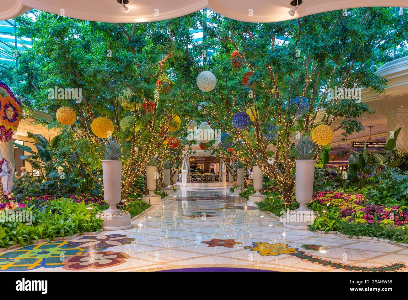 A decorative garden inside The Wynn Hotel in Las Vegas, Nevada, USA. Stock Photo