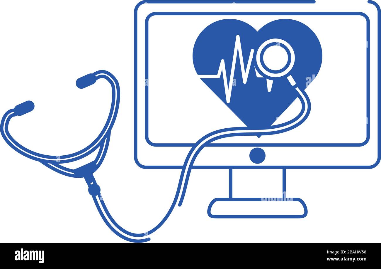 online doctor computer stethoscope heartbeat care blue line style icon ...