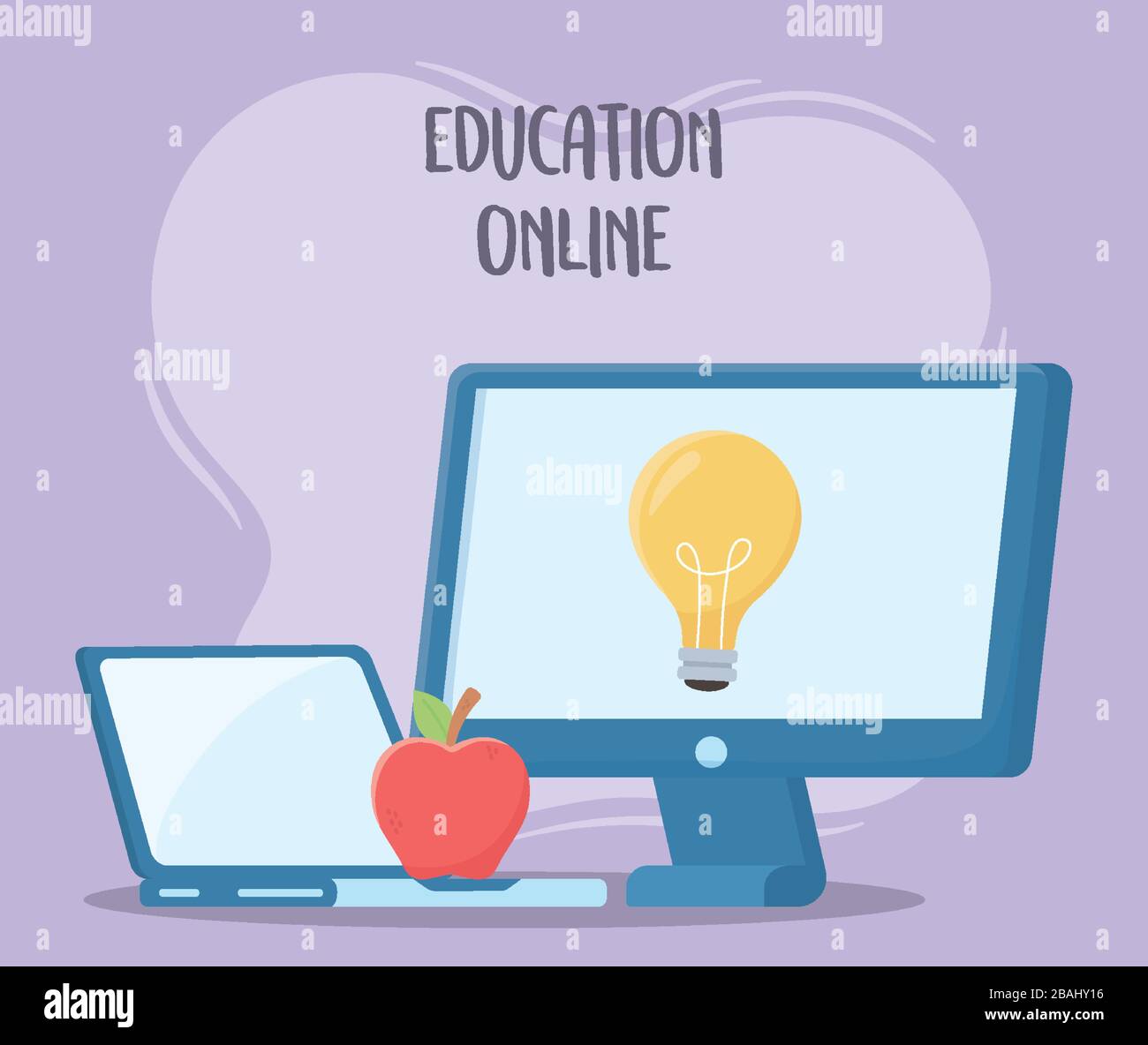 online education, computer laptop and apple creativity vector ...