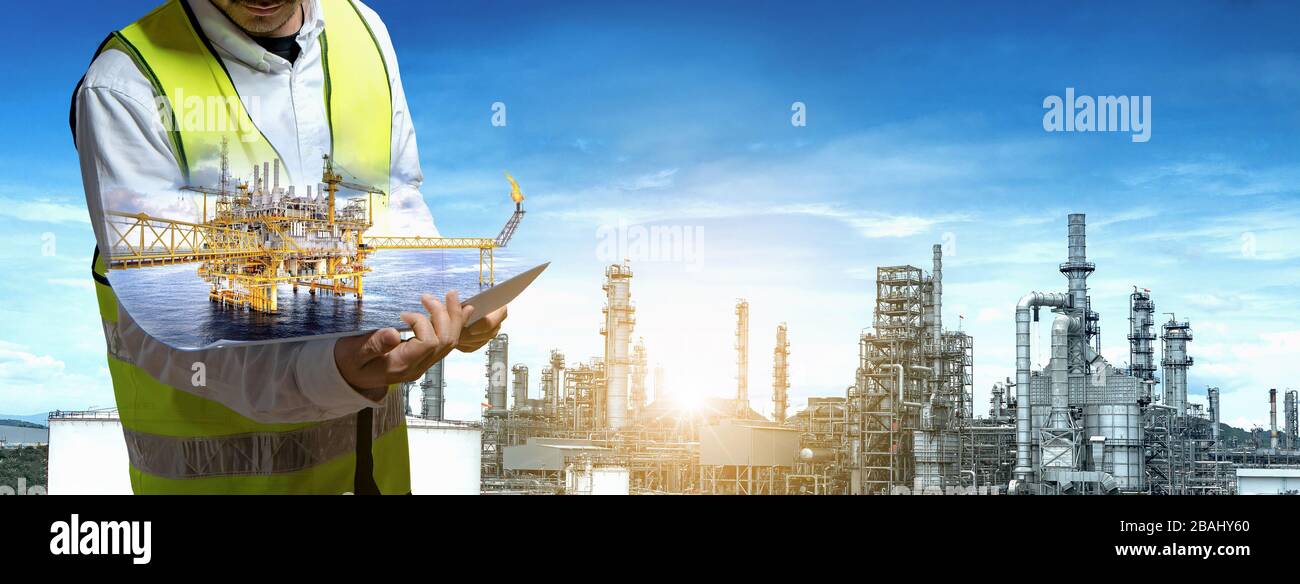Double exposure of engineer with industrial 4.0 concept of crude oil