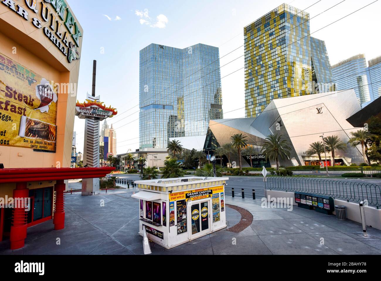 One week into the Las Vegas shut down due to Coronavirus, the Strip is fairly empty. Most residents seem to be heeding Governor Sisolak’s request you “Stay home for Nevada” with evidence of throughout Clark County, NV. The Empty Streets of Las Vegas Near The Aria Casino and Resort on Las Vegas Blvd. Photo Credit: Ken Howard/Alamy Stock Photo