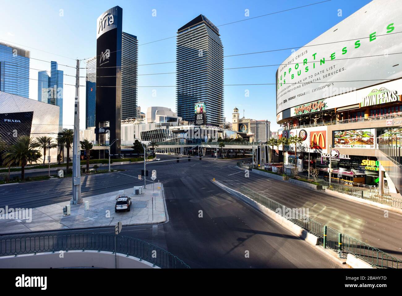 One week into the Las Vegas shut down due to Coronavirus, the Strip is fairly empty. Most residents seem to be heeding Governor Sisolak’s request you “Stay home for Nevada” with evidence of throughout Clark County, NV. The Empty Streets of Las Vegas Near The Aria Casino and Resort on Las Vegas Blvd. Photo Credit: Ken Howard/Alamy Stock Photo