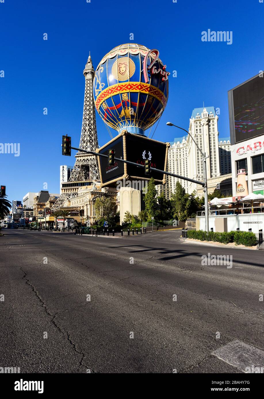 One week into the Las Vegas shut down due to Coronavirus, the Strip is fairly empty. Most residents seem to be heeding Governor Sisolak’s request you “Stay home for Nevada” with evidence of throughout Clark County, NV. The Empty Streets of Las Vegas Near Paris Casino and Resort on Las Vegas Blvd. Photo Credit: Ken Howard/Alamy Stock Photo