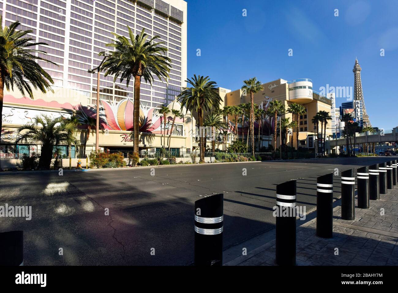 One week into the Las Vegas shut down due to Coronavirus, the Strip is fairly empty. Most residents seem to be heeding Governor Sisolak’s request you “Stay home for Nevada” with evidence of throughout Clark County, NV. The Empty Streets of Las Vegas Near The Flamingo Casino and Resort on Las Vegas Blvd. Photo Credit: Ken Howard/Alamy Stock Photo