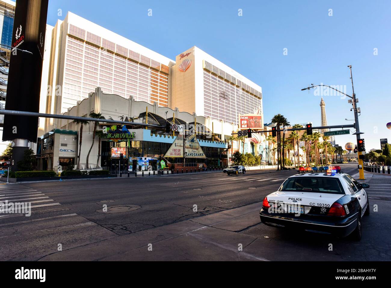 One week into the Las Vegas shut down due to Coronavirus, the Strip is fairly empty. Most residents seem to be heeding Governor Sisolak’s request you “Stay home for Nevada” with evidence of throughout Clark County, NV. The Empty Streets of Las Vegas Near the Fllamingo Casino and Resort on Las Vegas Blvd. Photo Credit: Ken Howard/Alamy Stock Photo