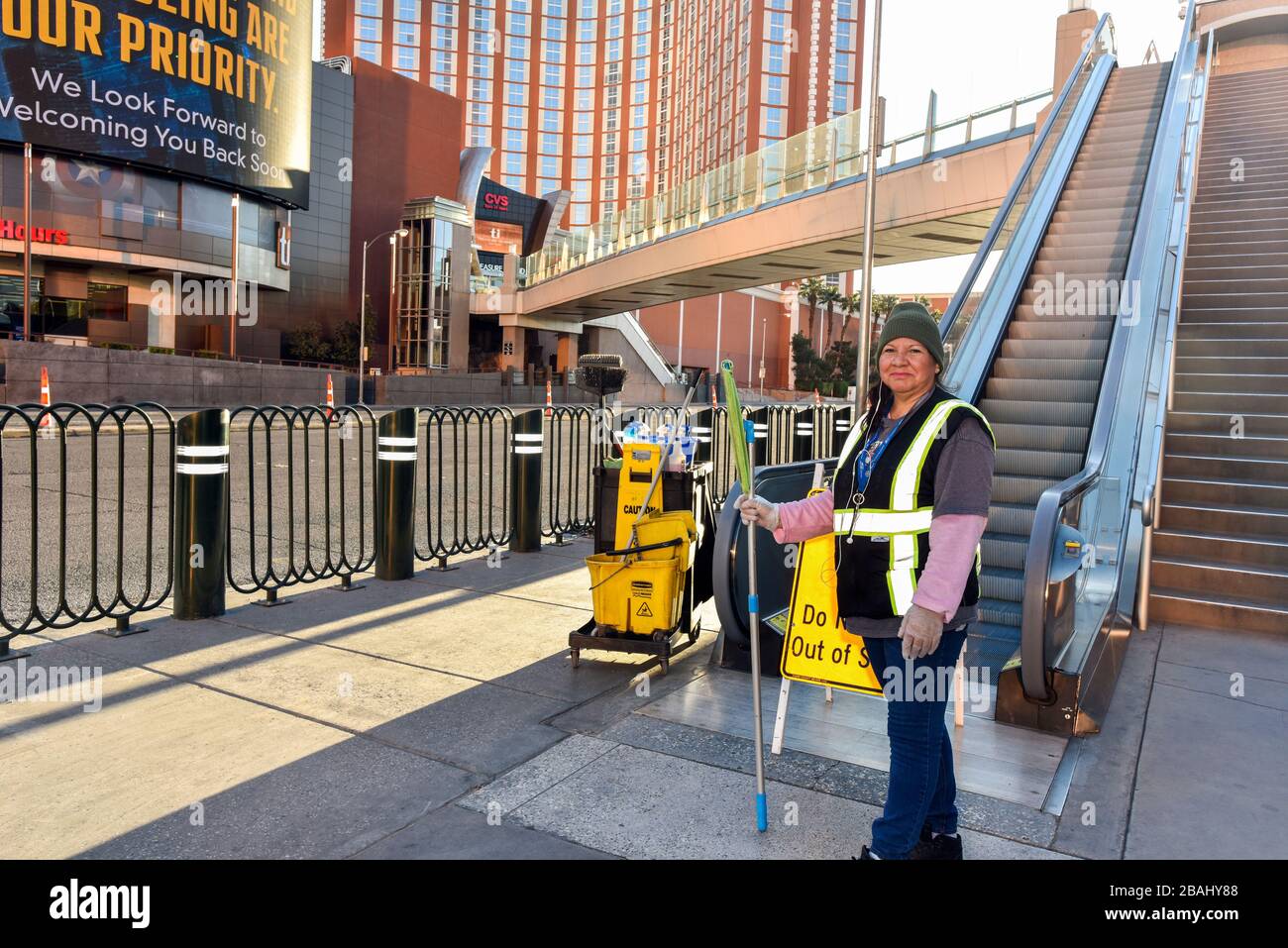 One week into the Las Vegas shut down due to Coronavirus, the Strip is fairly empty. Most residents seem to be heeding Governor Sisolak’s request you “Stay home for Nevada” with evidence of throughout Clark County, NV. Cleaning crew keeping up with the street maintenance and cleaning the public areas while the streets are empty. Photo Credit: Ken Howard/Alamy Stock Photo