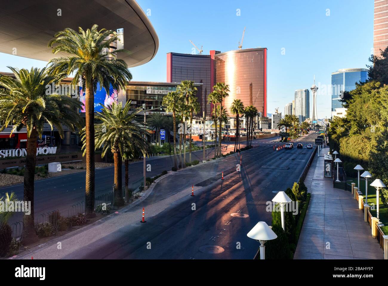 One week into the Las Vegas shut down due to Coronavirus, the Strip is fairly empty. Most residents seem to be heeding Governor Sisolak’s request you “Stay home for Nevada” with evidence of throughout Clark County, NV. The Empty Streets of Las Vegas Near the Fashion Show Mall on Las Vegas Blvd. Photo Credit: Ken Howard/Alamy Stock Photo