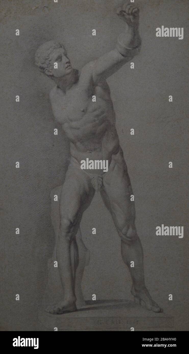 Giuseppe Cali (1846-1930). Artista italiano. Estudio académico del Gladiador Borghese (estatua clásica griega). Lápiz, carbón y tiza sobre papel gris. Museo Nacional de Bellas Artes. La Valeta. Malta. Stock Photo