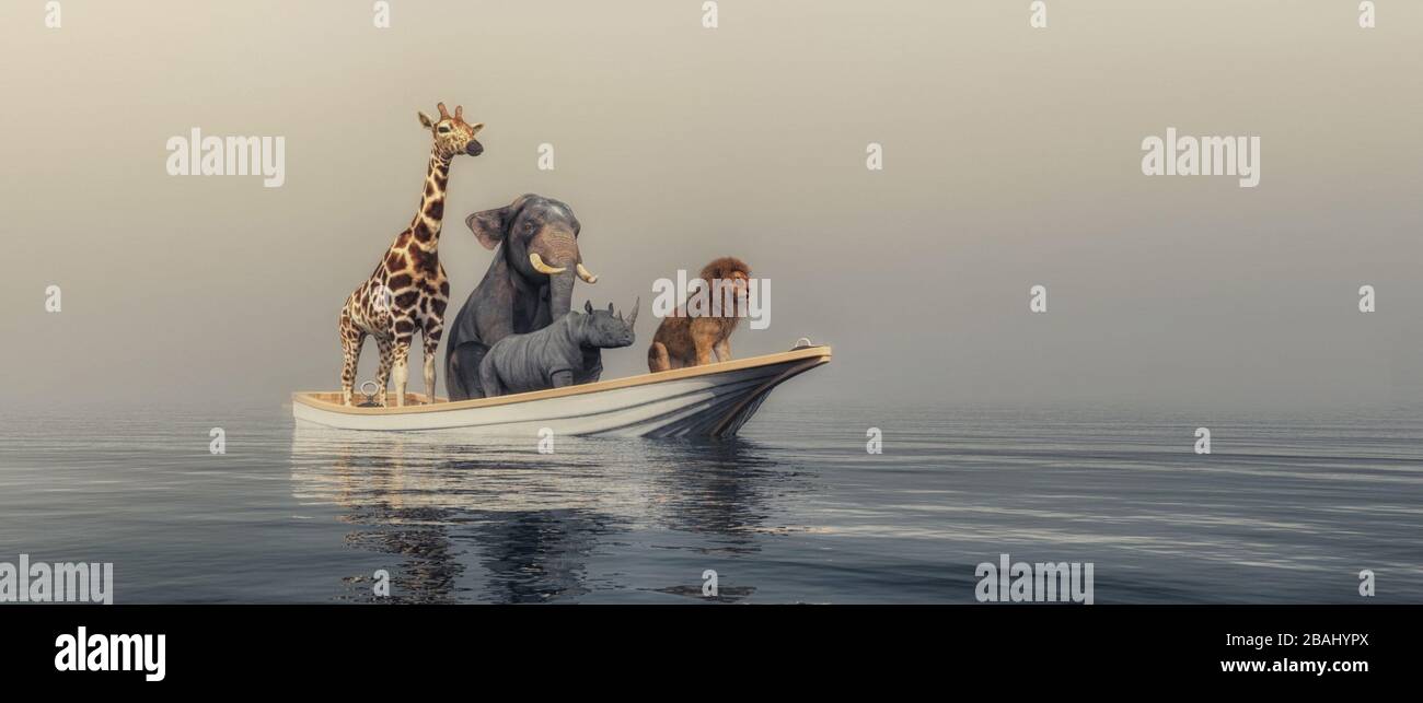 Animals in a boat traveling by sea . This is a 3d render illustration Stock Photo