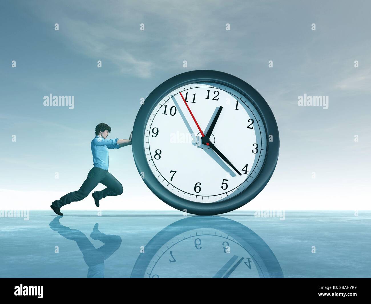 Man pushing a clock . Deadline and running out of time concept . This is a 3d render illustration . Stock Photo