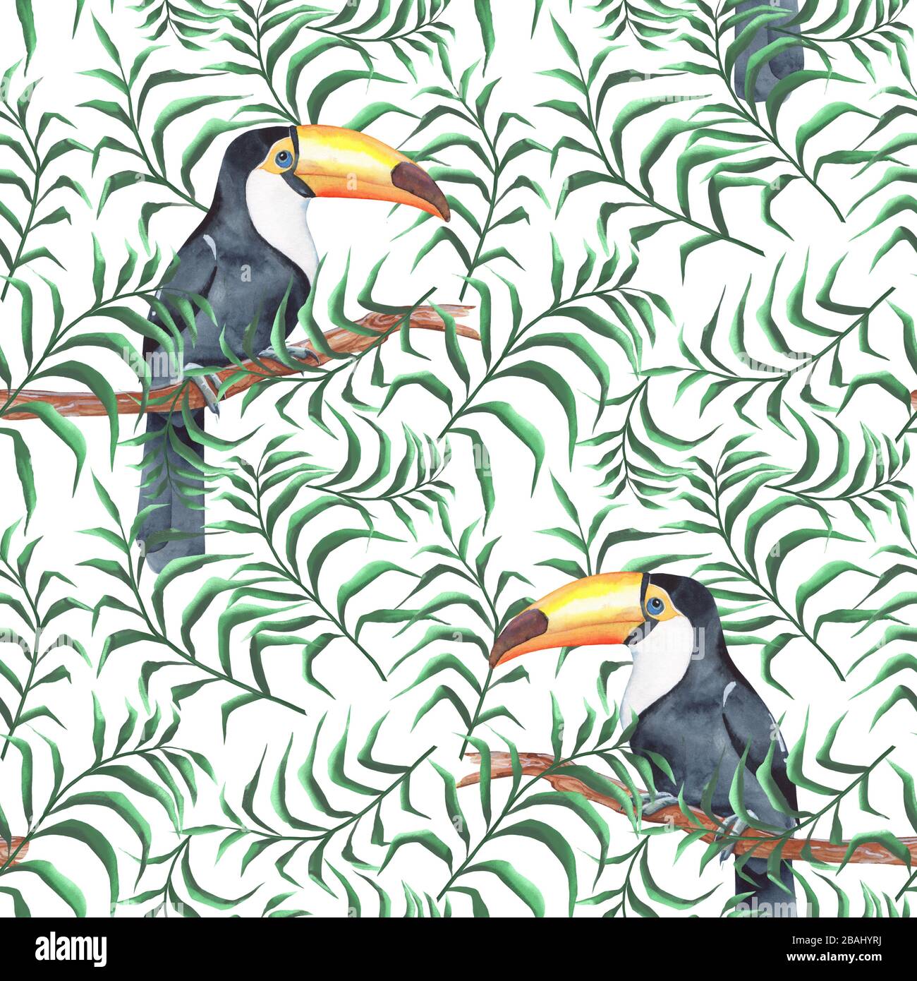 Watercolor seamless pattern with toucans and leaves Stock Photo