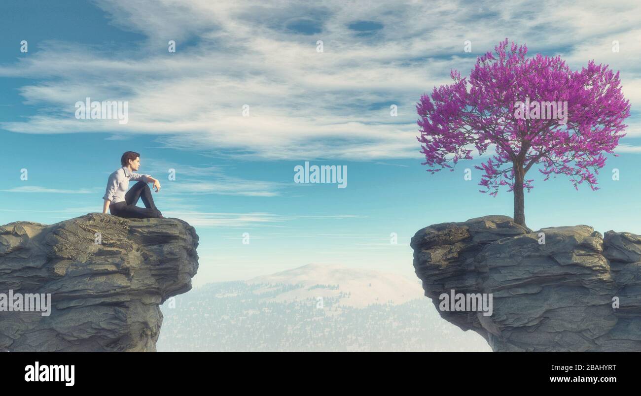Man sitting on a peak with a gap between him and a purple tree . This is a 3d render illustration. Stock Photo