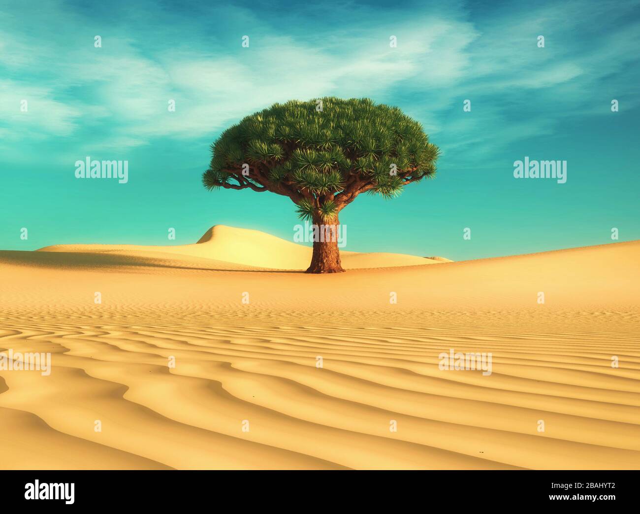 Leafy tree in the desert . Global warming concept . This is a 3d render illustration. Stock Photo