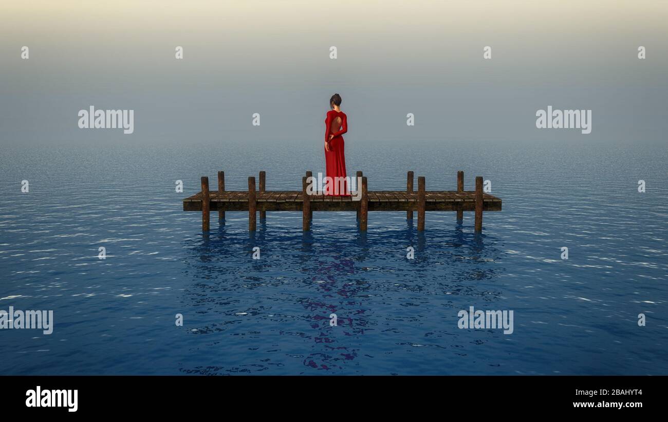 Woman in red dress standing on a pontoon in the middle of the ocean . This is a 3d render illustration . Stock Photo