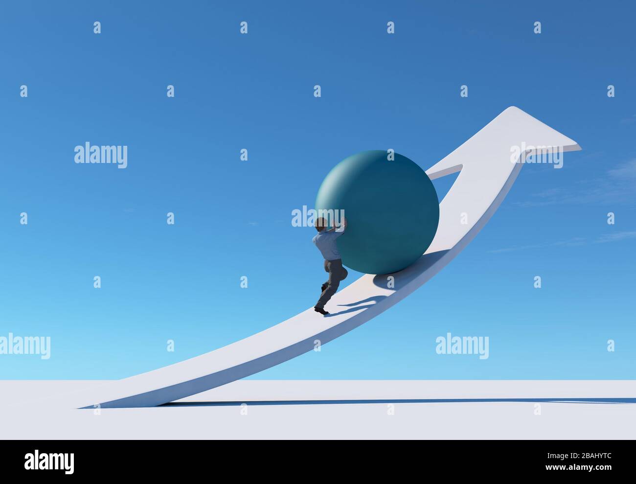 Man pushing a sphere up on an arrow . This is a 3d render illustration . Stock Photo