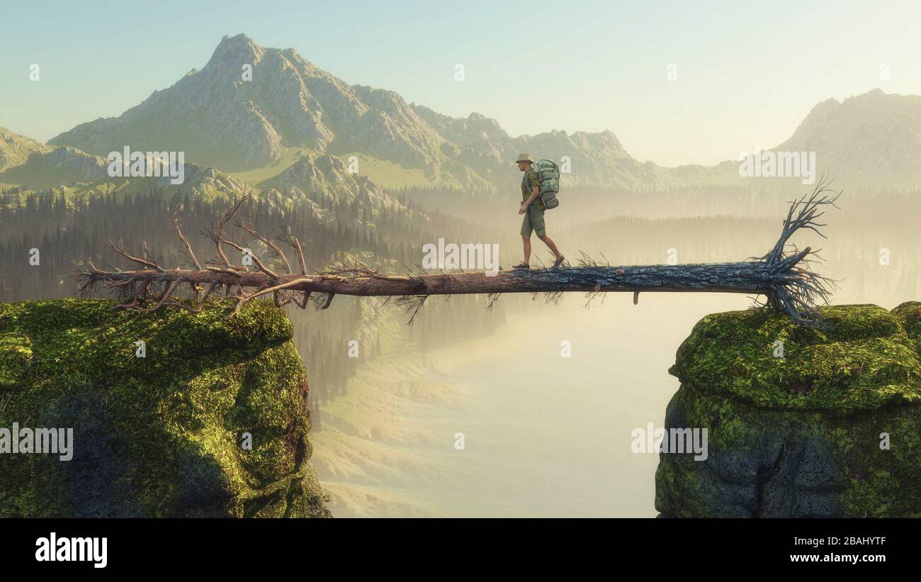 Traveler walking on fallen tree between two mountain rocks . This is a3d render illustration. Stock Photo