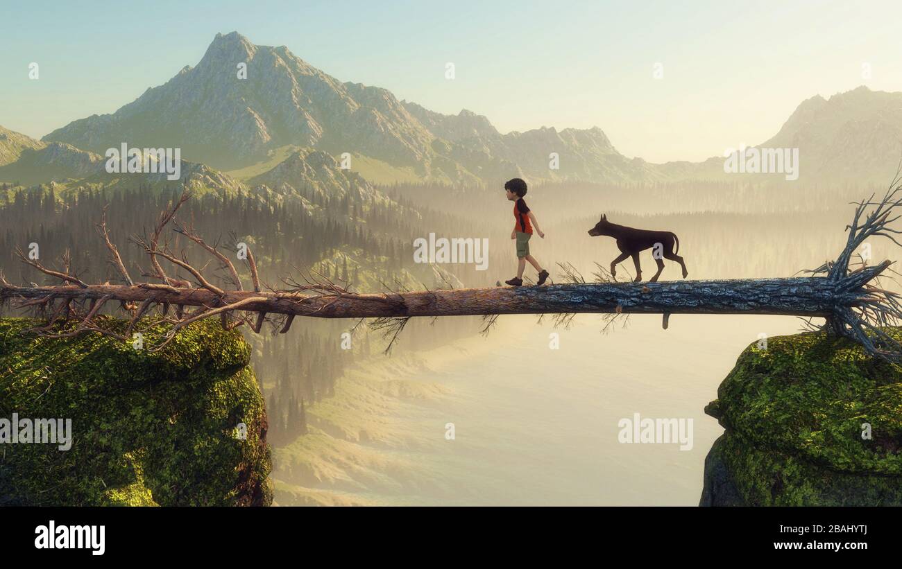 Kid and a dog crossing a gap between two mountains peaks on a fallen tree . This is a 3d render illustration . Stock Photo