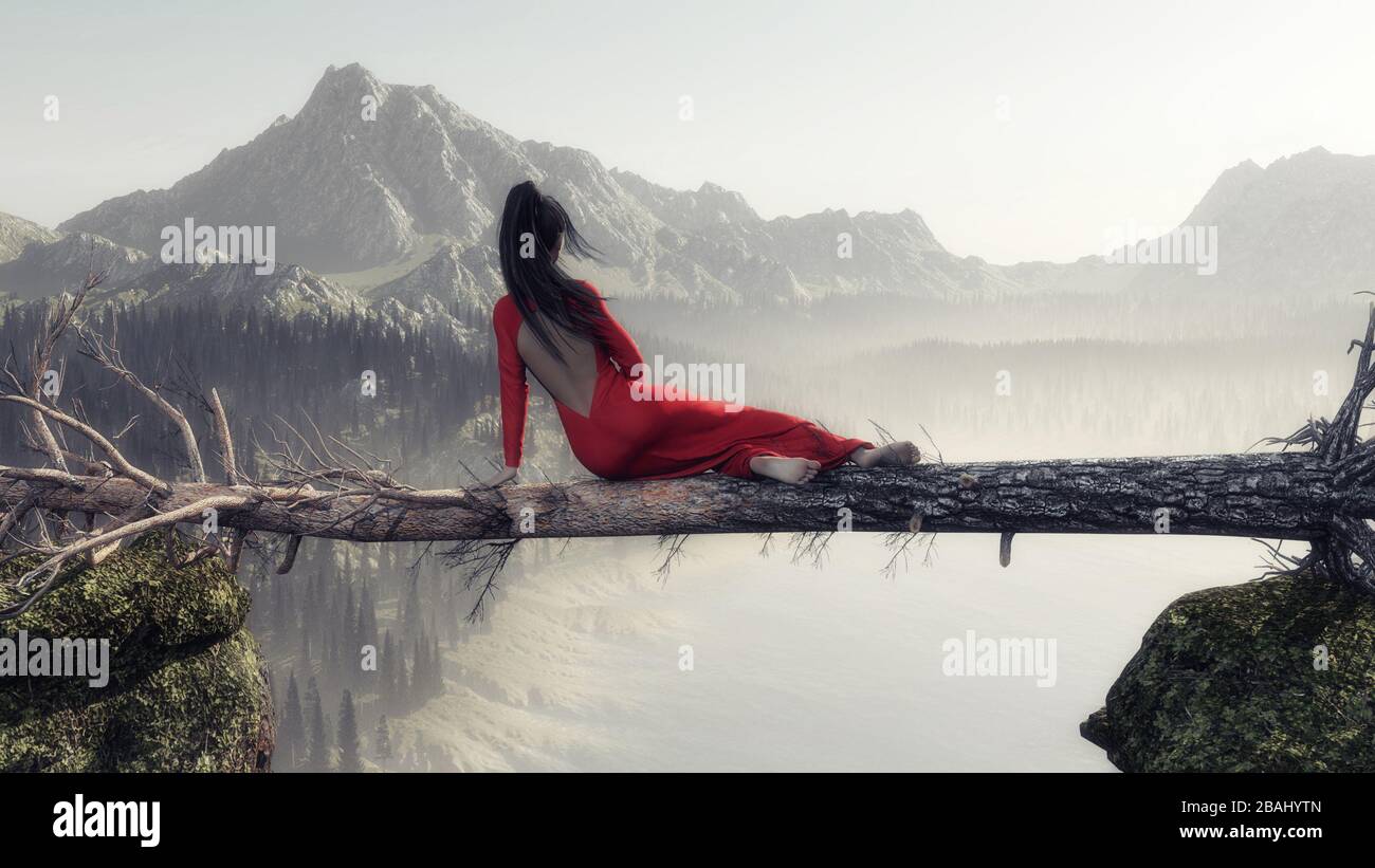 Woman sitting on fallen above a gap between mountain peaks . This is a 3d render illustration . Stock Photo