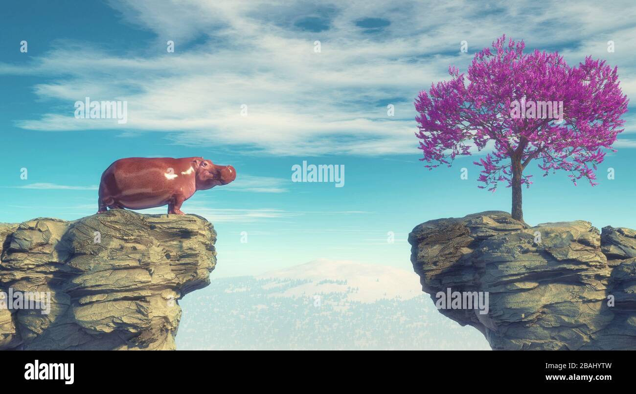 Young hippopotamus on a mountain peak looking at a flower tree on the otherside . This is a 3d render illustration . Stock Photo