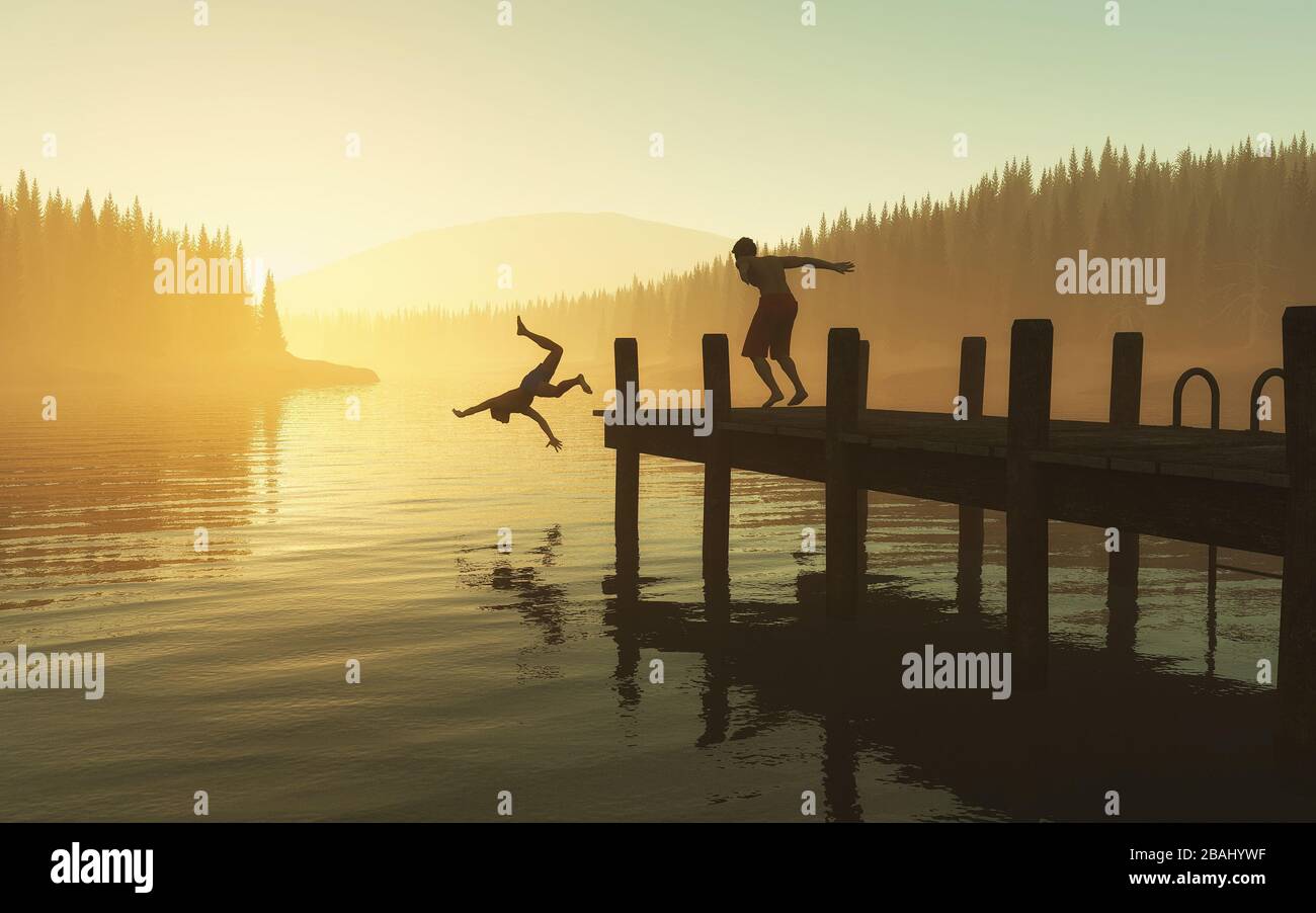 Jumping into the lake from a pontoon during sunset . This is a 3d render illustration . Stock Photo
