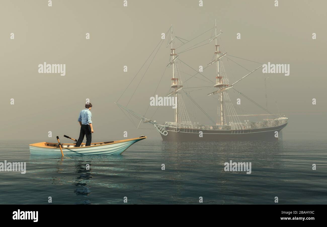 Man on a small boat looking at a near old ship . This is a 3d render illustration . Stock Photo