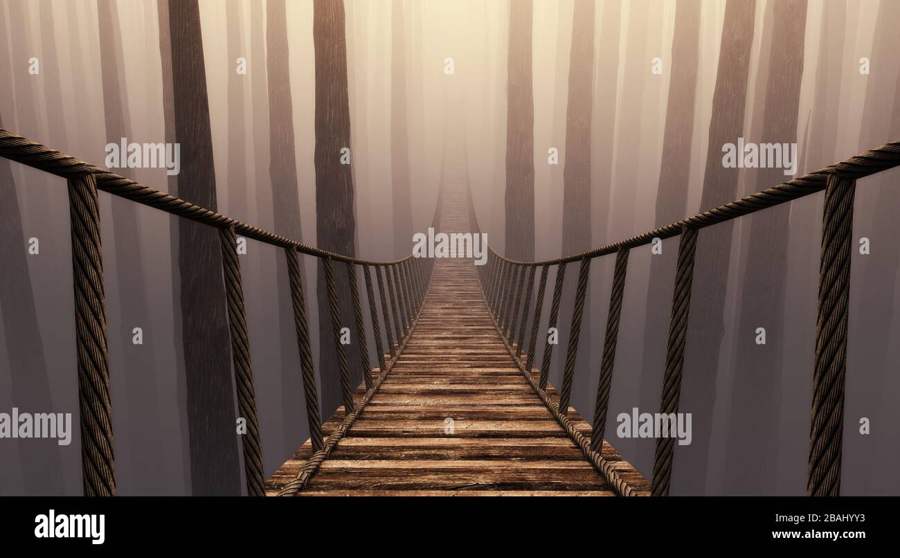 Bridge suspension into the misty forrest . This is a 3d render illustration . Stock Photo