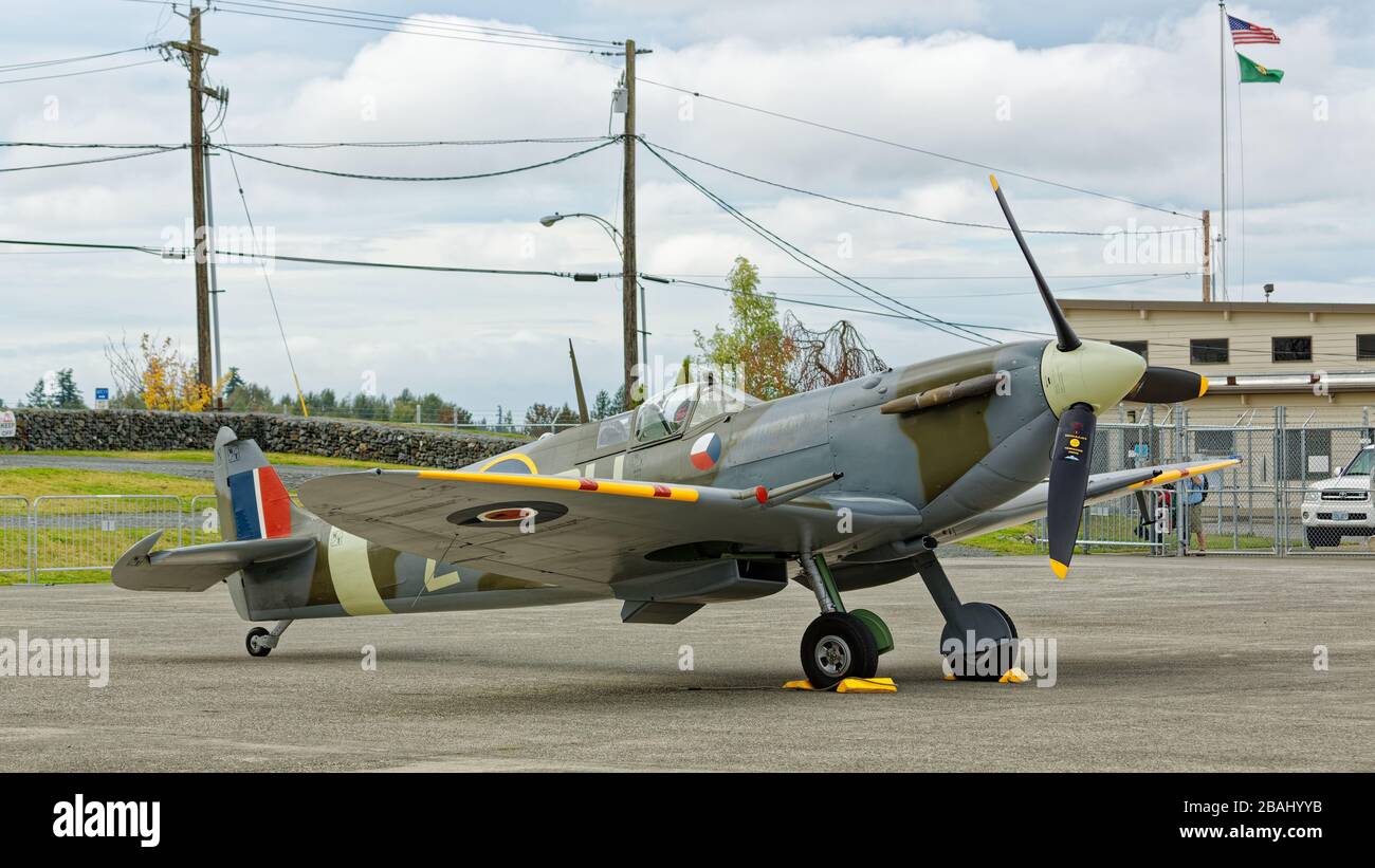 SEPTEMBER 19, 2015, EVERETT, WA: A British Supermarine Spitfire Mk.Vc, owned by the late Paul Allen's Flying Heritage and Combat Armor Museum. Stock Photo