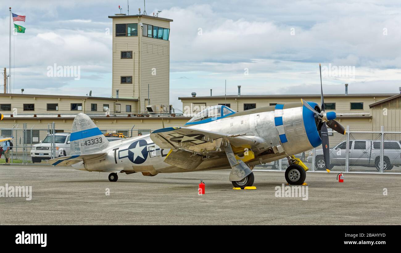 SEPTEMBER 19, 2015, EVERETT, WA: A U.S. Republic P-47, owned by the late Paul Allen's Flying Heritage and Combat Armor Museum, ready to fly. Stock Photo