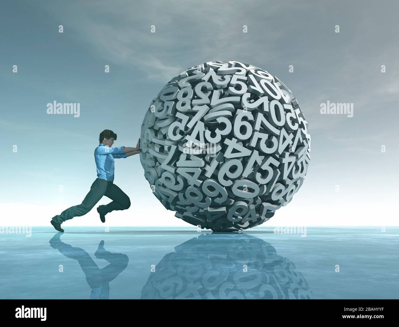 Man pushing a sphere of numbers . This is a 3d render illustration . Stock Photo