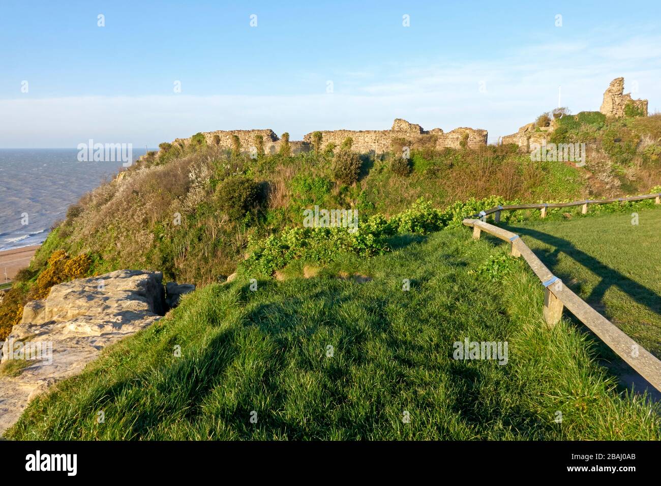 The ruins of Hastings Castle, perched on the Cliff top, East Sussex, UK Stock Photo