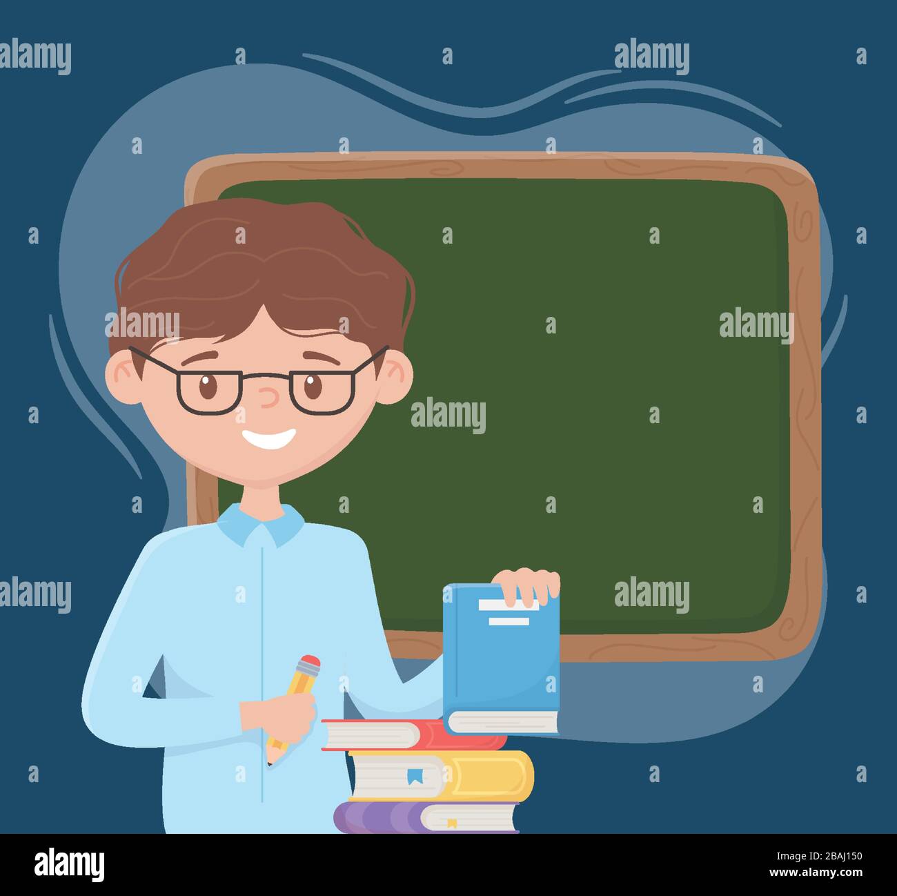 online education, teacher with pencil books and chalkboard vector ...