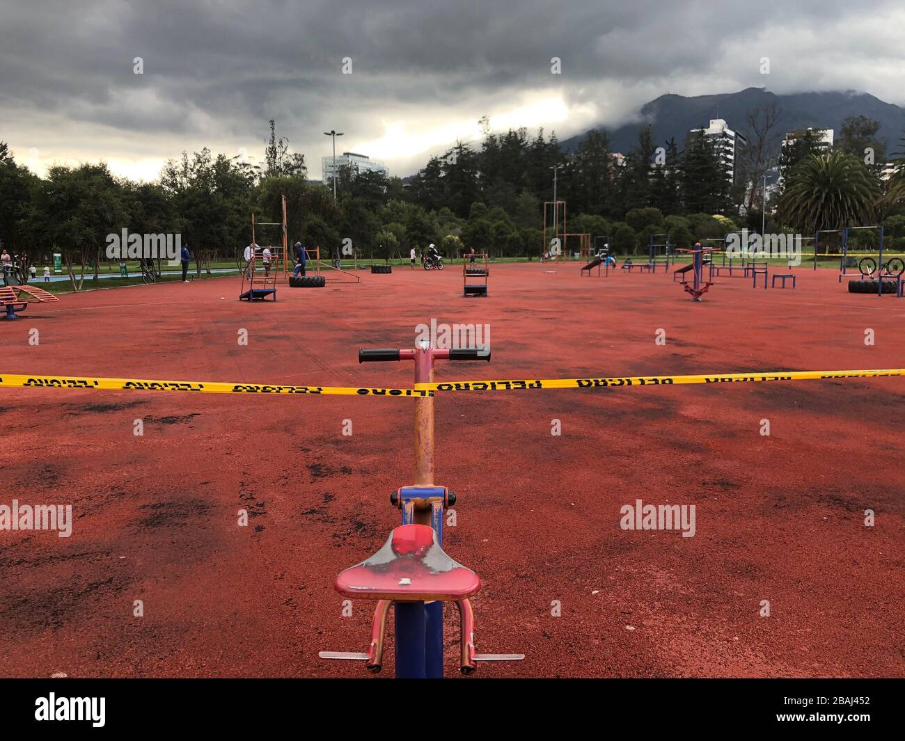 Beijing, March 15. 28th Mar, 2020. Exercise equipments for public use are cordoned off at a park in Quito, Ecuador, March 15, 2020. TO GO WITH XINHUA HEADLINES OF MARCH 28, 2020. Credit: Santiago Armas/Xinhua/Alamy Live News Stock Photo