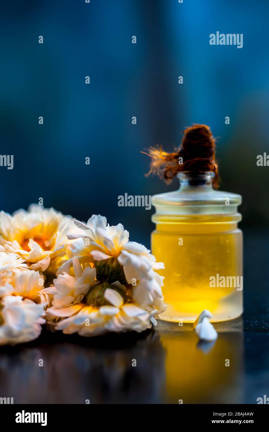 Close up shot of daisy essential oil in a glass bottle along with some fresh daisy or English daisy flowers with it on blackboard with blurred backgro Stock Photo