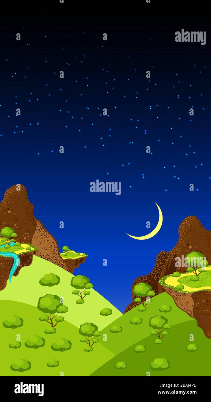 Landscape, mountains and canyon, rocks, meadows, plants. Night time, sky, stars, moon. Vector Illustration Stock Vector