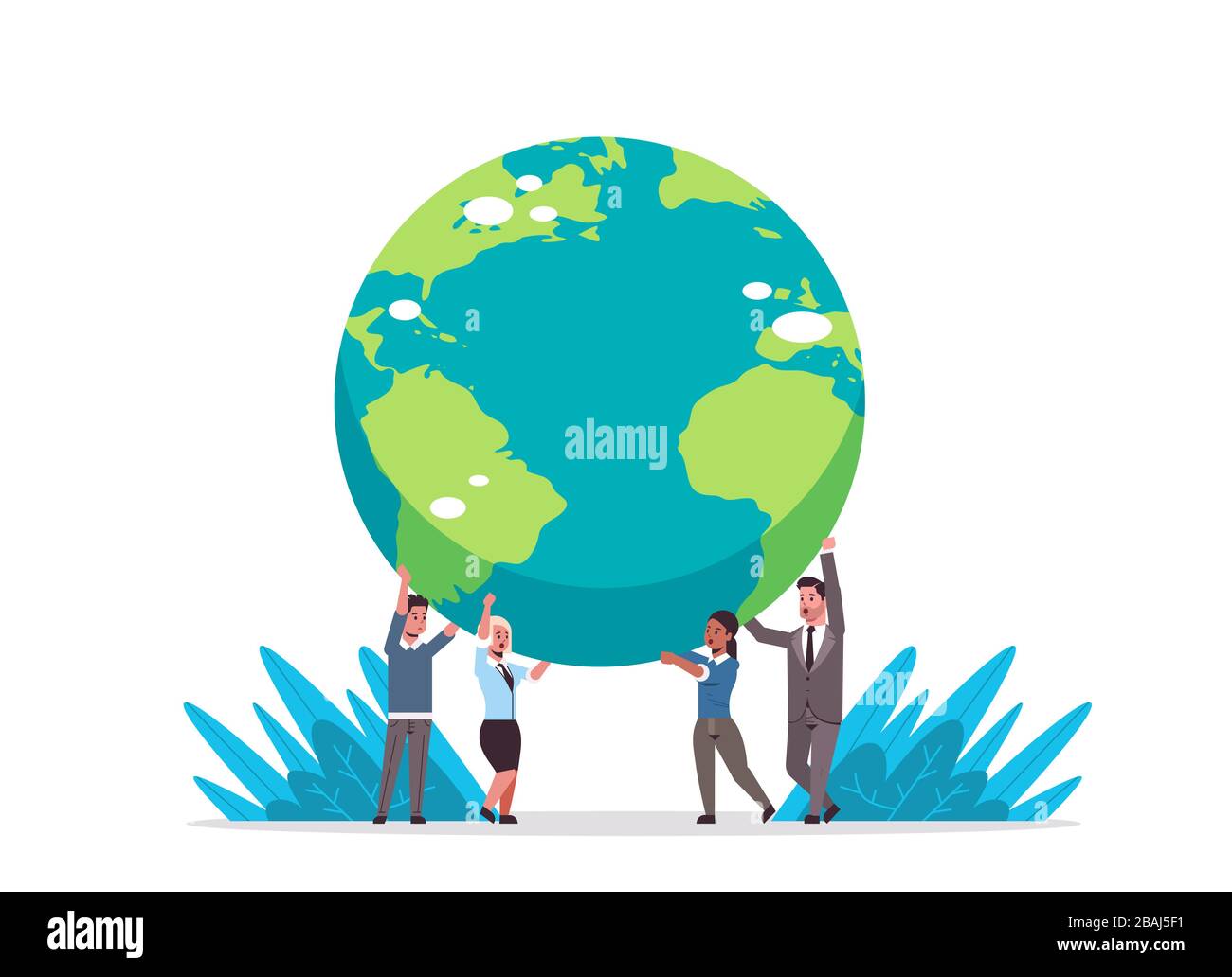 mix race businesspeople holding earth globe go green save planet global
