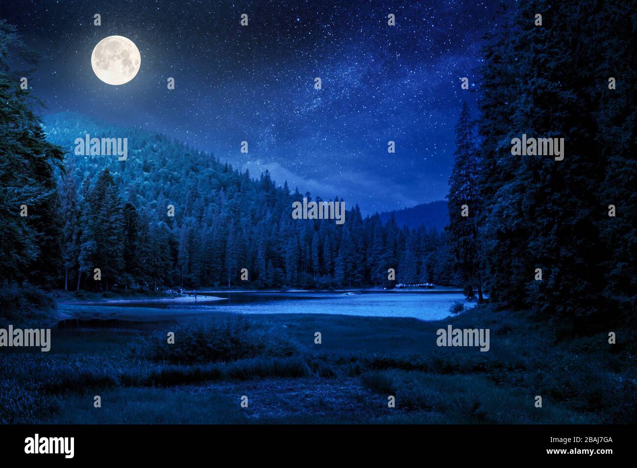 Lake Summer Landscape At Night Beautiful Scenery Among The Forest In Mountains In Full Moon Light Stock Photo Alamy Lake Summer Landscape At Night Beautiful Scenery Among The Forest In Mountains In Full Moon Light Stock Photo Alamy