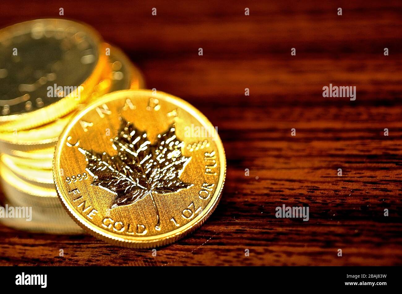 Goldmünzen - Gold - Münzen - Maple Leaf Stock Photo