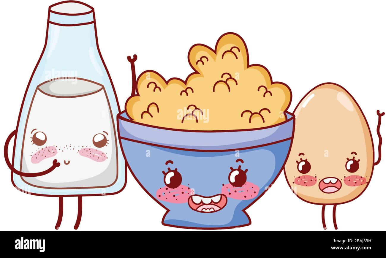 breakfast cute boiled egg cereal and milk kawaii cartoon vector