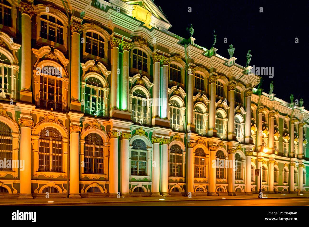 Winter Palace, Hermitage Museum at night in St. Petersburg, Russian Federation Stock Photo