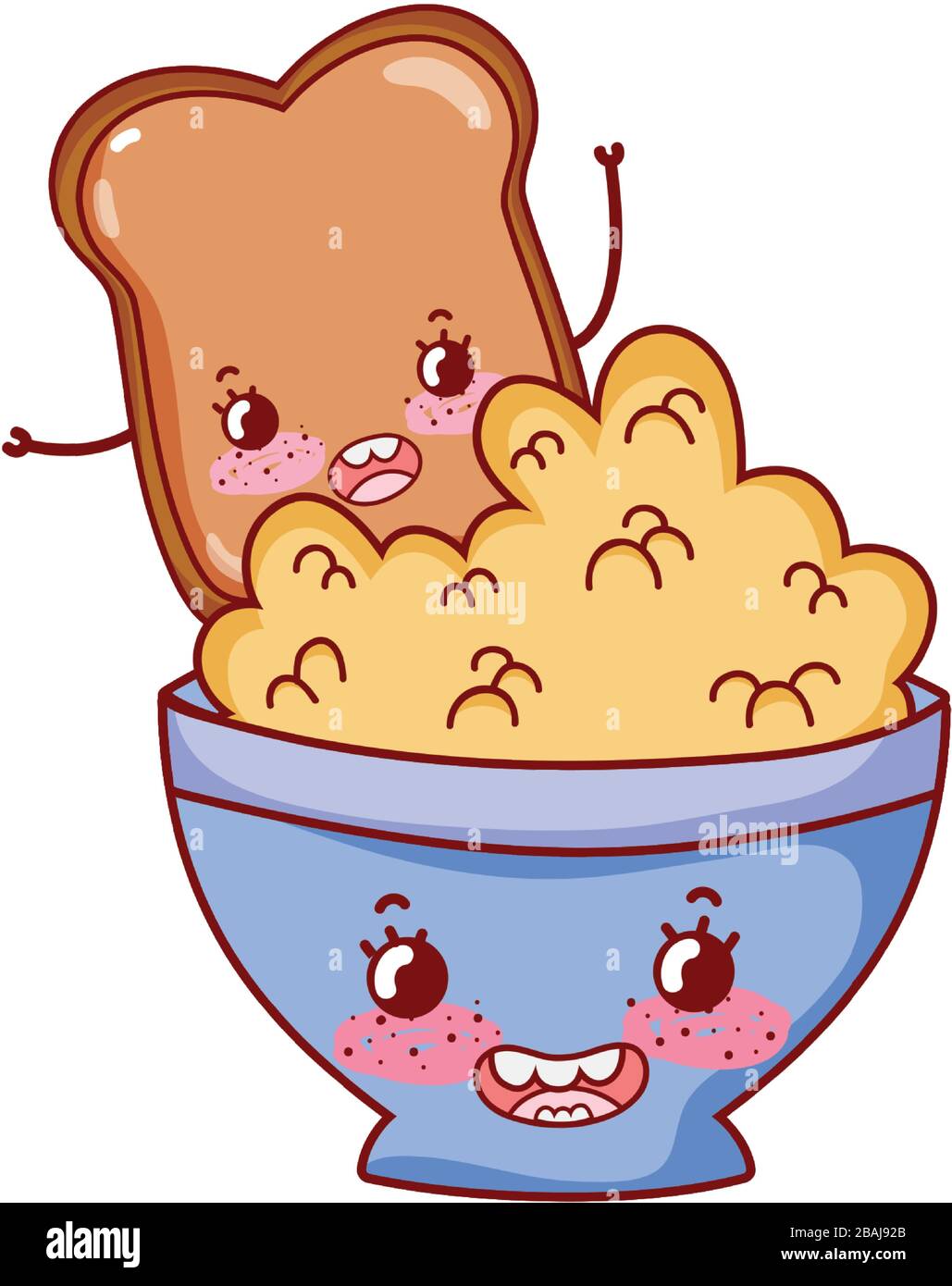 breakfast cute cereal in bowl and bread kawaii cartoon vector