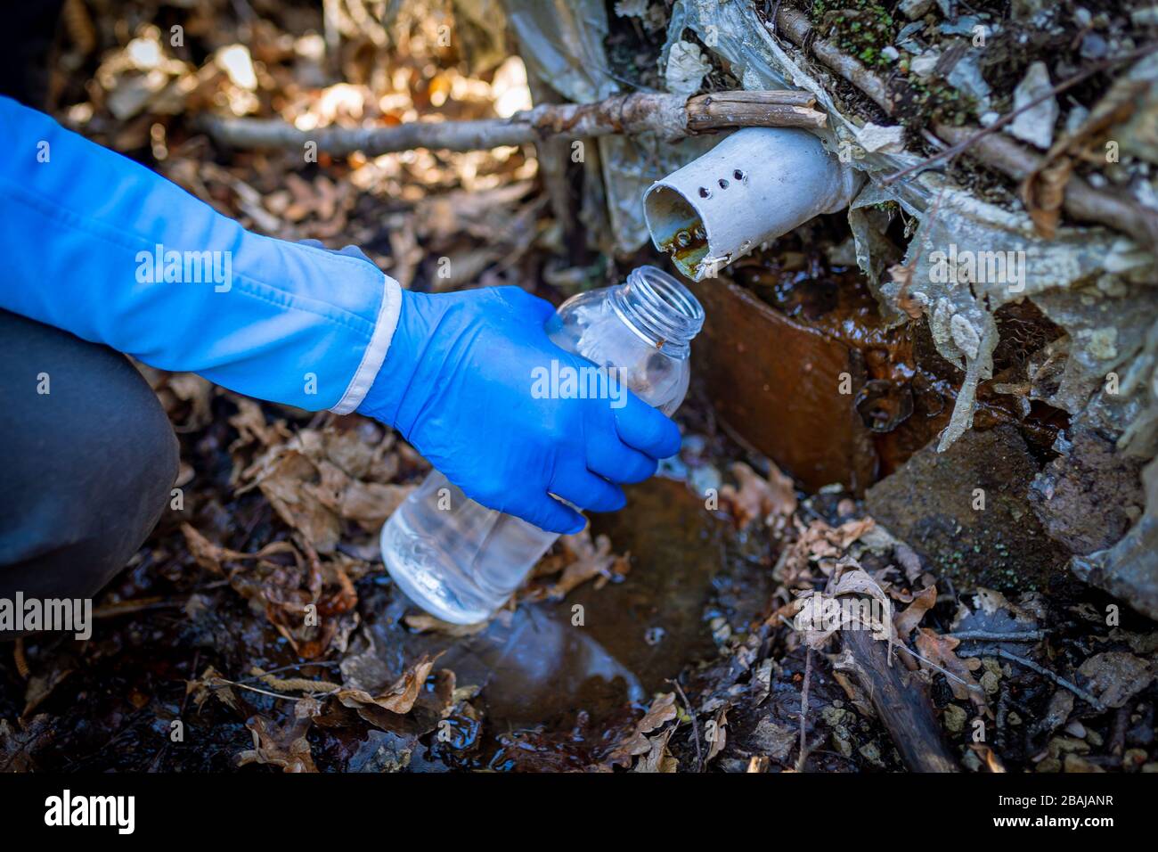 Ecologist taking water samples from a natural source in protective gloves Stock Photo
