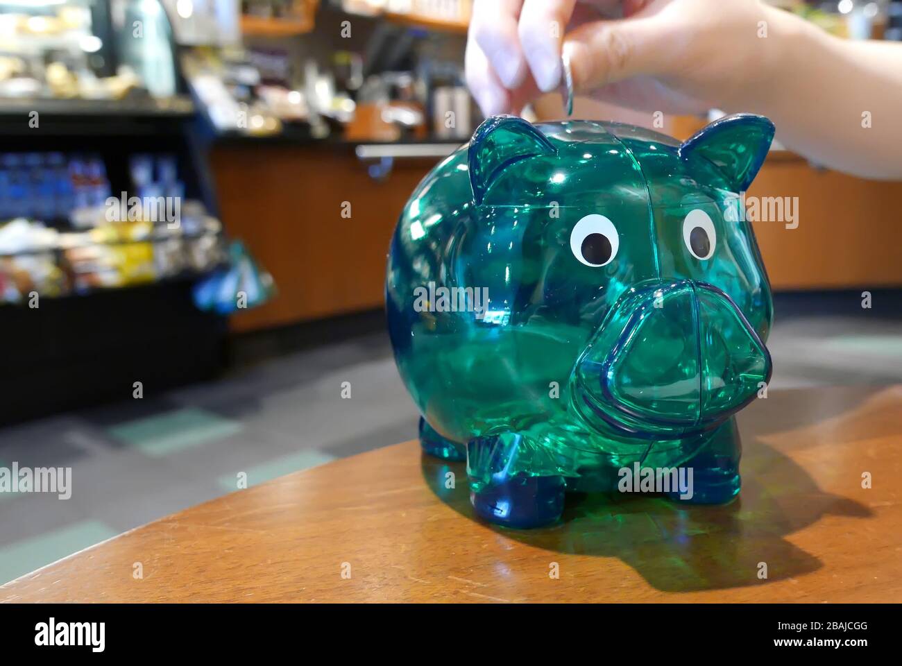 Hand placing coins on green piggy bank inside Starbucks store Stock Photo