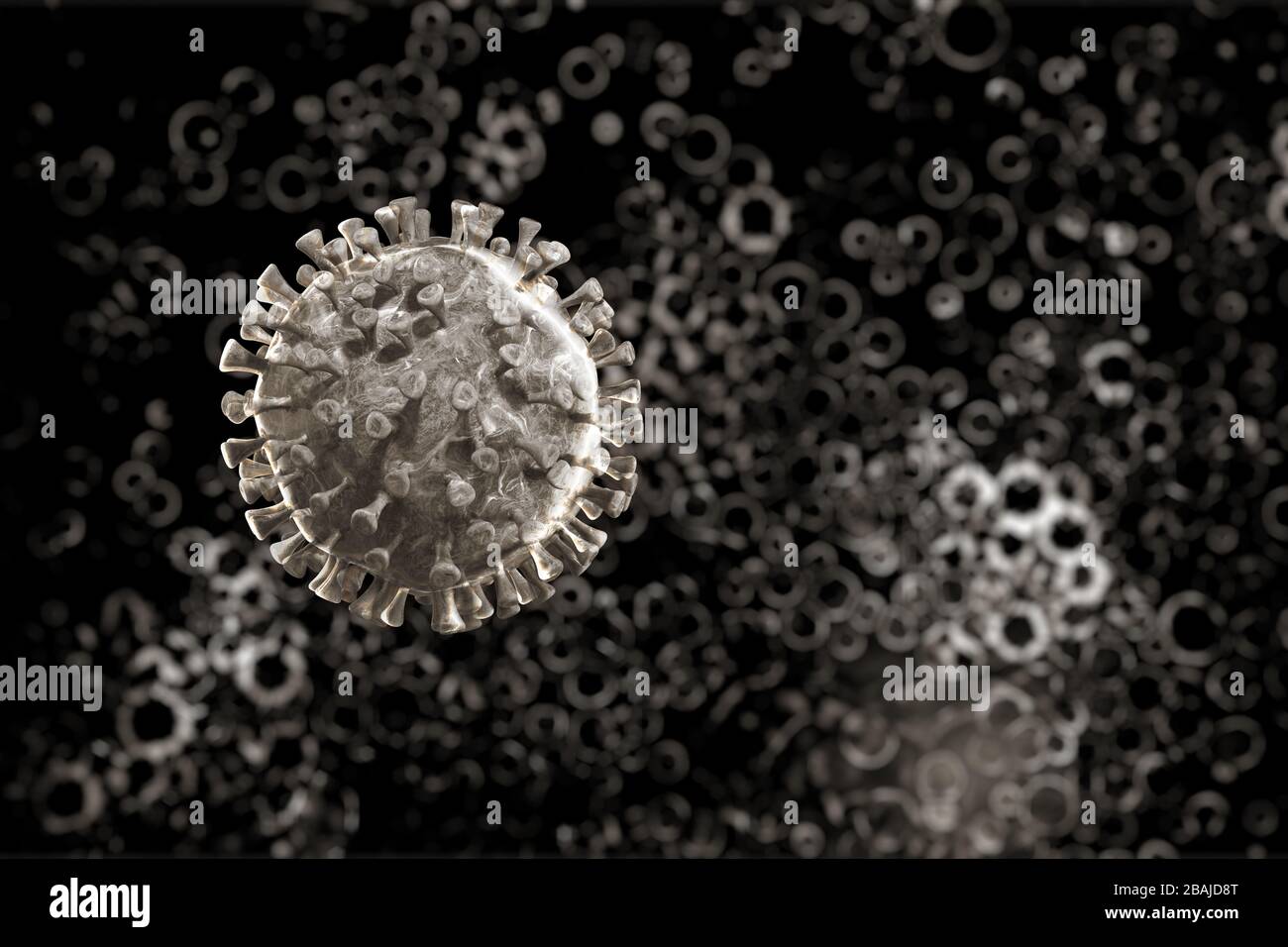 Microscope virus close up. 3d rendering. Corona virus 2019-ncov flu infection 3D medical illustration. Stock Photo