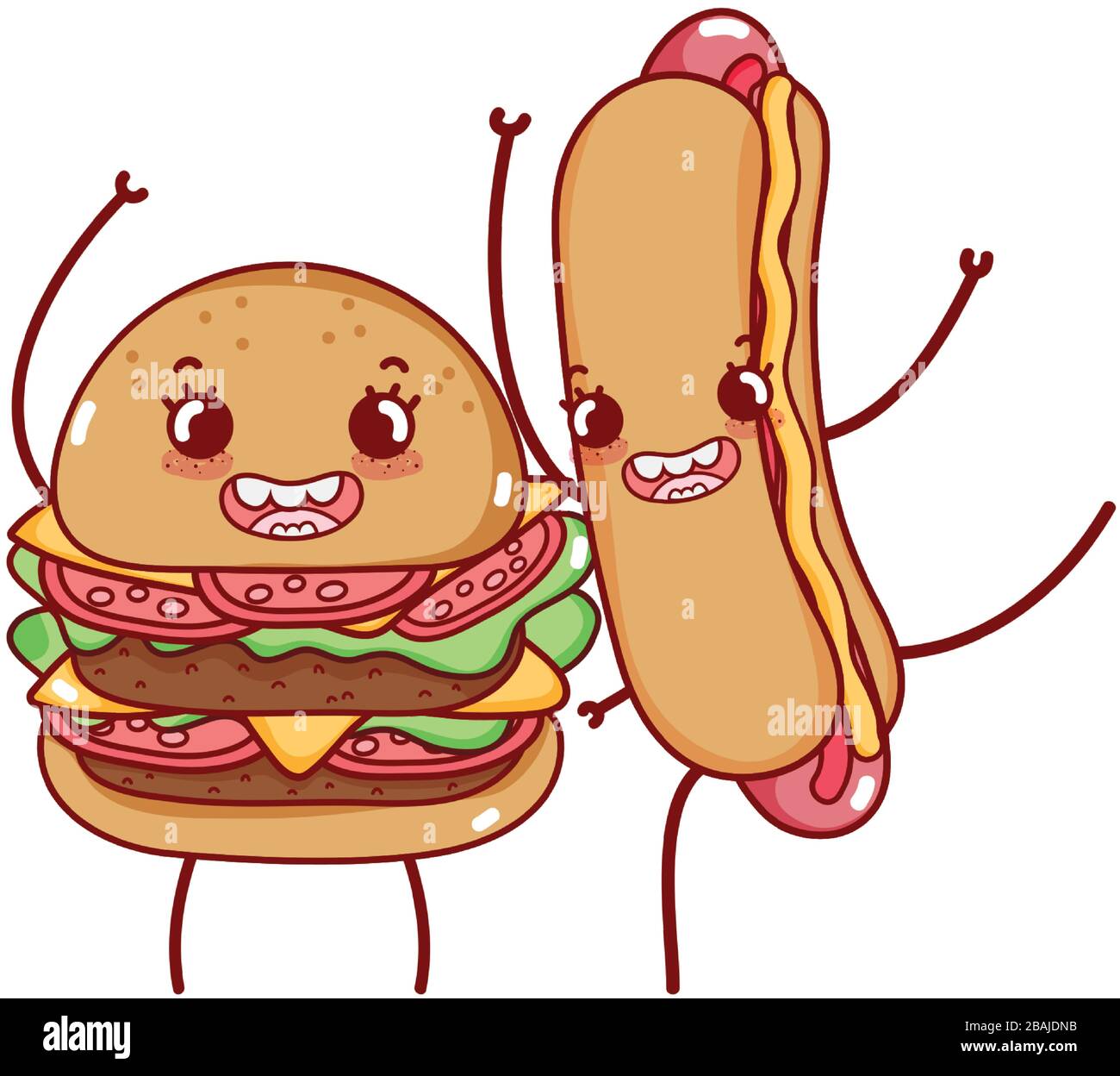 fast food cute tasty burger and hot dog cartoon vector illustration